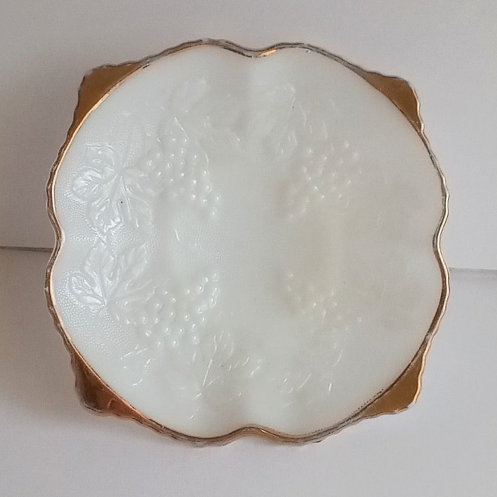 Vintage Anchor Hocking Milk Glass Bowl with Gold Trim Grape Pattern